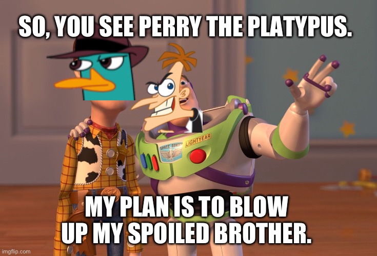 Phineas and Ferb Remade. | SO, YOU SEE PERRY THE PLATYPUS. MY PLAN IS TO BLOW UP MY SPOILED BROTHER. | image tagged in memes,x x everywhere,phineas and ferb | made w/ Imgflip meme maker