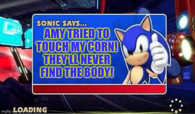 Sonic Says | AMY TRIED TO TOUCH MY CORN! THEY'LL NEVER FIND THE BODY! | image tagged in sonic says | made w/ Imgflip meme maker