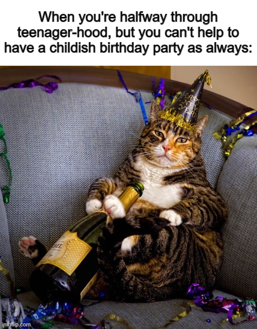 Not this year for me tho, since I'll be on vacation :) | When you're halfway through teenager-hood, but you can't help to have a childish birthday party as always: | image tagged in party cat new year template | made w/ Imgflip meme maker