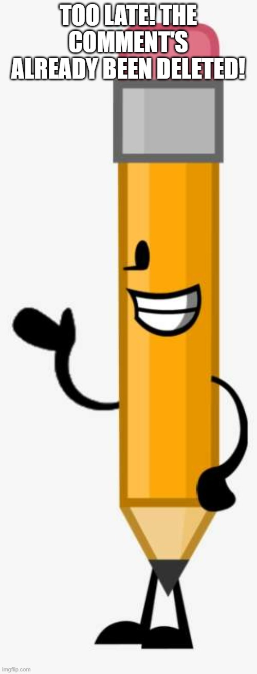 Pencil BFDI | TOO LATE! THE COMMENT'S ALREADY BEEN DELETED! | image tagged in pencil bfdi | made w/ Imgflip meme maker