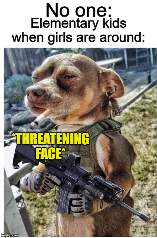 "giRLs aRe sO GrOsS" | No one:; Elementary kids when girls are around:; *THREATENING FACE* | image tagged in war dog | made w/ Imgflip meme maker