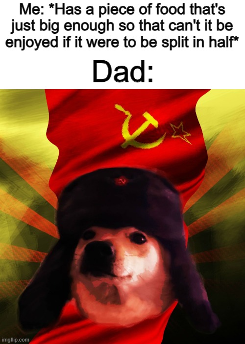 I mean, he did buy all the food... but... :C | Me: *Has a piece of food that's just big enough so that can't it be enjoyed if it were to be split in half*; Dad: | image tagged in comrade doge | made w/ Imgflip meme maker