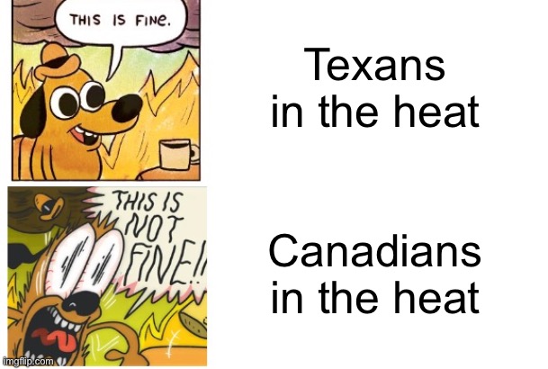 The heat | Texans in the heat; Canadians in the heat | image tagged in this is fine this is not fine | made w/ Imgflip meme maker