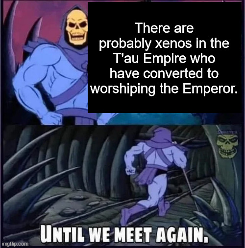 Cursed | There are probably xenos in the T'au Empire who have converted to worshiping the Emperor. | image tagged in until we meet again | made w/ Imgflip meme maker