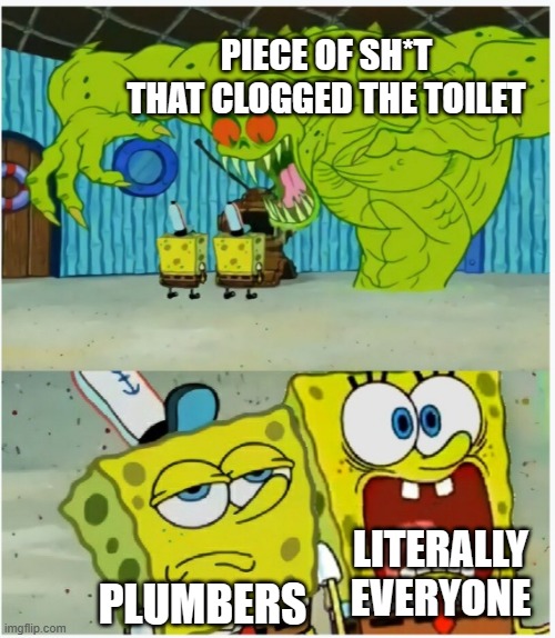 the big one | PIECE OF SH*T THAT CLOGGED THE TOILET; LITERALLY EVERYONE; PLUMBERS | image tagged in spongebob squarepants scared but also not scared,memes | made w/ Imgflip meme maker