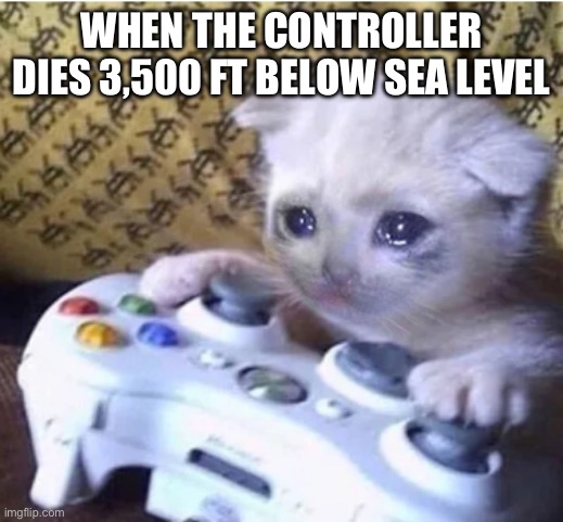 Whomp whomp | WHEN THE CONTROLLER DIES 3,500 FT BELOW SEA LEVEL | image tagged in sad gaming cat | made w/ Imgflip meme maker