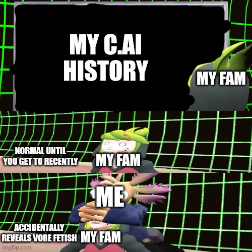 NONONONO- | MY C.AI HISTORY; MY FAM; NORMAL UNTIL YOU GET TO RECENTLY; MY FAM; ME; ACCIDENTALLY REVEALS VORE FETISH; MY FAM | image tagged in smg4 shocked melony | made w/ Imgflip meme maker