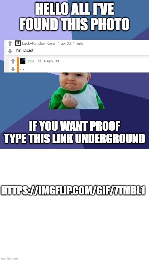 HELLO ALL I'VE FOUND THIS PHOTO; IF YOU WANT PROOF TYPE THIS LINK UNDERGROUND; HTTPS://IMGFLIP.COM/GIF/7TMBL1 | image tagged in memes,success kid,blank white template | made w/ Imgflip meme maker