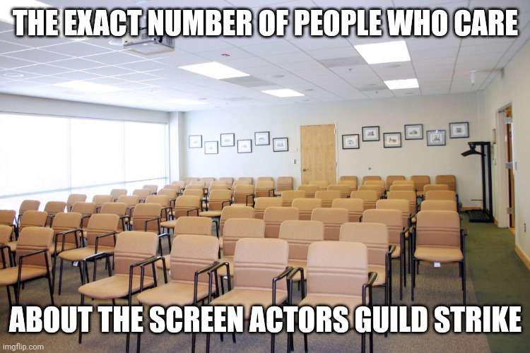 Dang, we can't see more lesbian Willow, feminist She-Hulk, or racially diverse Live Action Disney films now! Hey wait..... | THE EXACT NUMBER OF PEOPLE WHO CARE; ABOUT THE SCREEN ACTORS GUILD STRIKE | image tagged in empty room with chairs,hollywood,writers,money,strike,liberal logic | made w/ Imgflip meme maker