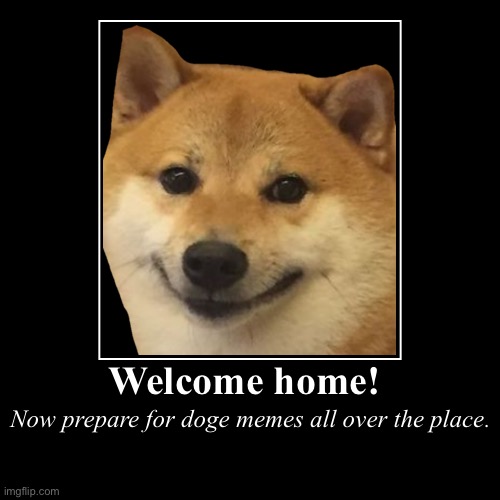 Welcome home! | Now prepare for doge memes all over the place. | image tagged in funny,demotivationals | made w/ Imgflip demotivational maker