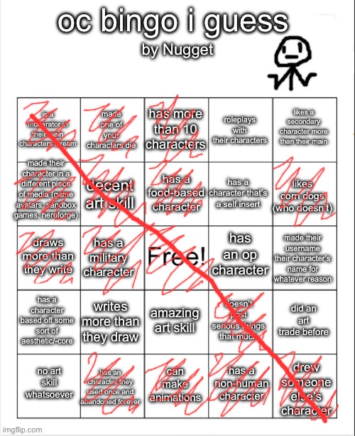 nugget’s oc bingo i guess (why am i doing this) | image tagged in nugget s oc bingo i guess why am i doing this | made w/ Imgflip meme maker