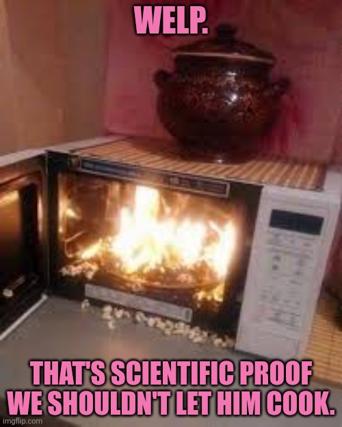 Don't let him cook | WELP. THAT'S SCIENTIFIC PROOF WE SHOULDN'T LET HIM COOK. | image tagged in dont,let,him,cook,microwave | made w/ Imgflip meme maker