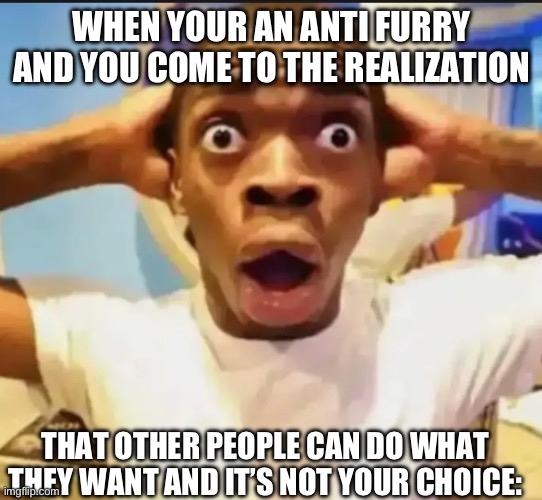 To all the people who were previous anti furries | WHEN YOUR AN ANTI FURRY AND YOU COME TO THE REALIZATION; THAT OTHER PEOPLE CAN DO WHAT THEY WANT AND IT’S NOT YOUR CHOICE: | image tagged in surprised black guy | made w/ Imgflip meme maker