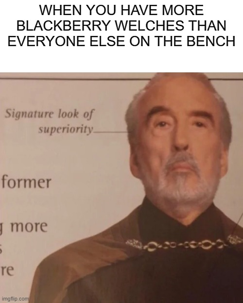 Just got four oranges, how lucky! | WHEN YOU HAVE MORE BLACKBERRY WELCHES THAN EVERYONE ELSE ON THE BENCH | image tagged in signature look of superiority | made w/ Imgflip meme maker
