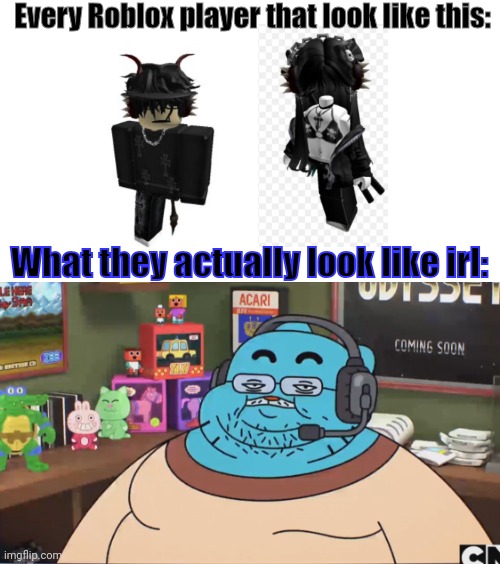 Overused avatars are in every game. ? | Every Roblox player that look like this:; What they actually look like irl: | image tagged in gumball discord moderator,fun,funny,fat,gaming,memes | made w/ Imgflip meme maker