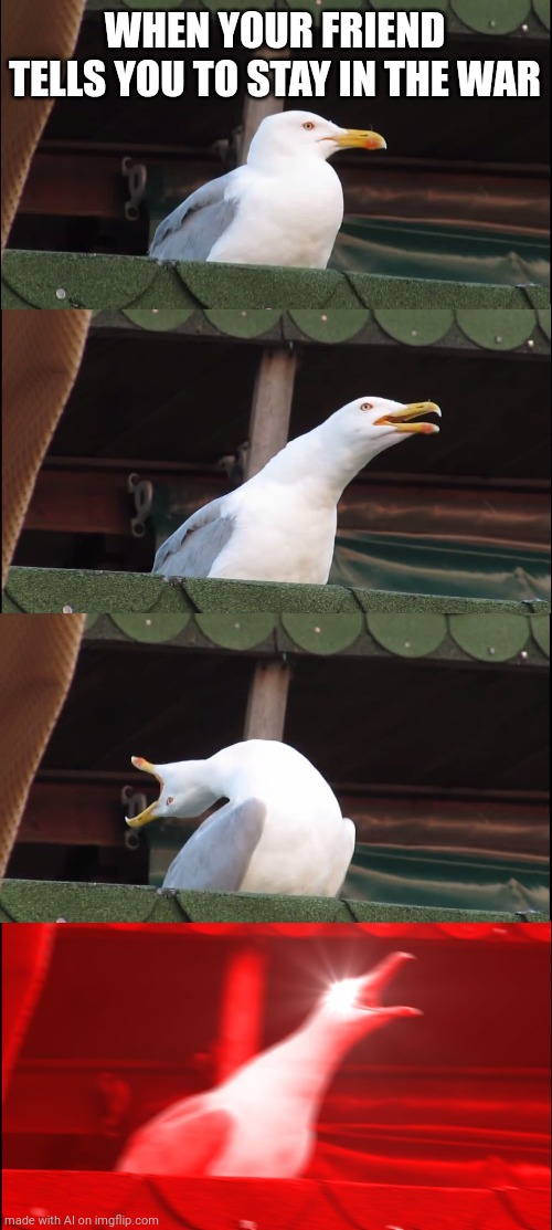 Inhaling Seagull Meme | WHEN YOUR FRIEND TELLS YOU TO STAY IN THE WAR | image tagged in memes,inhaling seagull | made w/ Imgflip meme maker