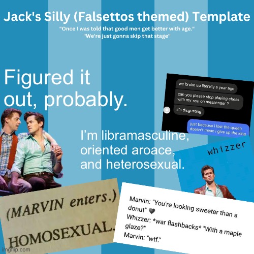 Actually, idk whether to call it sapphic or hetero, but I like the women. | Figured it out, probably. I’m libramasculine, oriented aroace, and heterosexual. | image tagged in jack's silly falsettos template | made w/ Imgflip meme maker