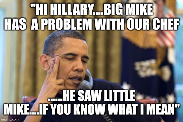 Aaaaand an excellent swimmer drowned ?????? | "HI HILLARY....BIG MIKE HAS  A PROBLEM WITH OUR CHEF; ......HE SAW LITTLE MIKE....IF YOU KNOW WHAT I MEAN" | image tagged in memes,no i can't obama | made w/ Imgflip meme maker