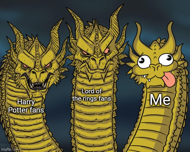 Three-headed Dragon | Harry Potter fans Lord of the rings fans Me | image tagged in three-headed dragon | made w/ Imgflip meme maker