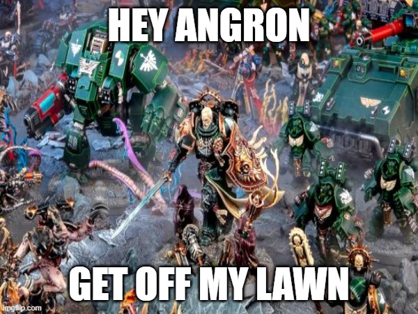get off my lawn | HEY ANGRON; GET OFF MY LAWN | image tagged in warhammer40k,the lion guard | made w/ Imgflip meme maker