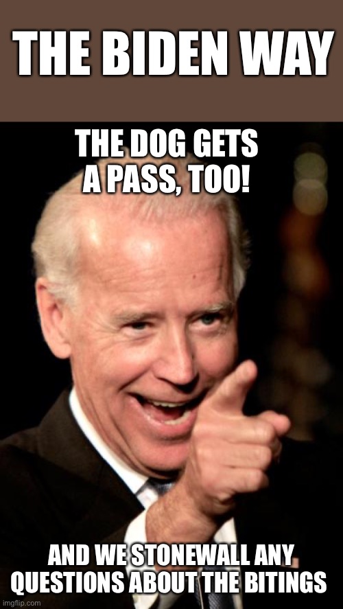 Smilin Biden Meme | THE DOG GETS A PASS, TOO! AND WE STONEWALL ANY QUESTIONS ABOUT THE BITINGS THE BIDEN WAY | image tagged in memes,smilin biden | made w/ Imgflip meme maker