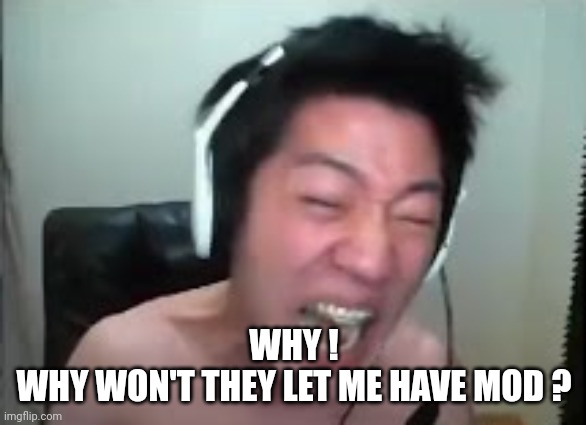 Angry Korean Gamer Rage | WHY !
WHY WON'T THEY LET ME HAVE MOD ? | image tagged in angry korean gamer rage | made w/ Imgflip meme maker