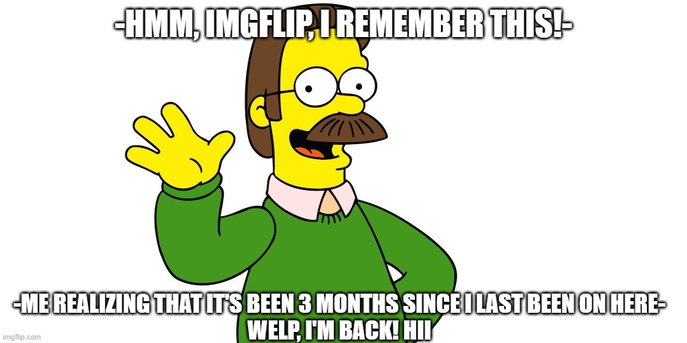 i'm back i think | -HMM, IMGFLIP, I REMEMBER THIS!-; -ME REALIZING THAT IT'S BEEN 3 MONTHS SINCE I LAST BEEN ON HERE-
WELP, I'M BACK! HII | image tagged in ned flanders wave | made w/ Imgflip meme maker