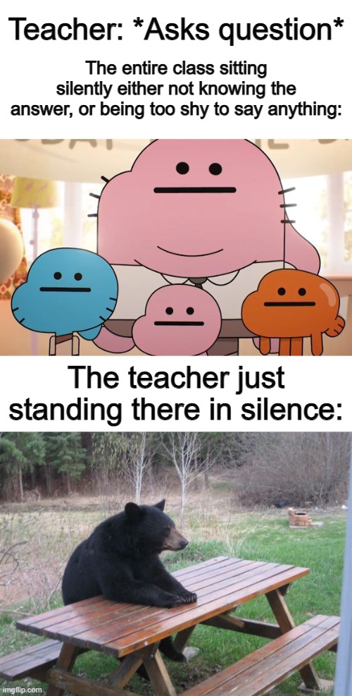 *Very awkward silence* | Teacher: *Asks question*; The entire class sitting silently either not knowing the answer, or being too shy to say anything:; The teacher just standing there in silence: | image tagged in neutral faces,patient bear | made w/ Imgflip meme maker