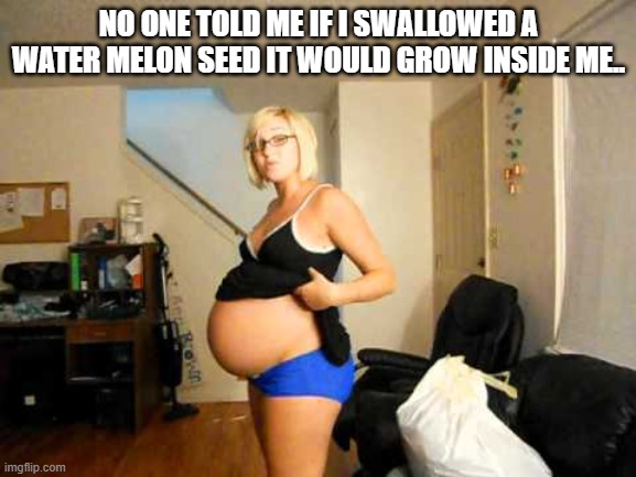 Pregnant woman | NO ONE TOLD ME IF I SWALLOWED A WATER MELON SEED IT WOULD GROW INSIDE ME.. | image tagged in pregnant woman | made w/ Imgflip meme maker