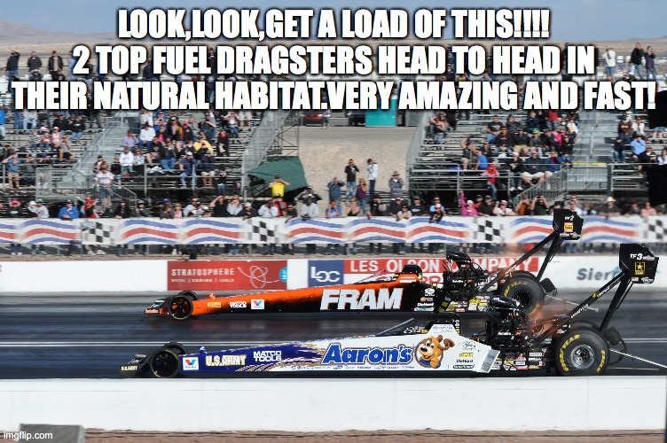 Fun fact:these type of dragsters in the image have 11,000 horsepower and go up to 330 MPH on a quarter mile track | LOOK,LOOK,GET A LOAD OF THIS!!!! 2 TOP FUEL DRAGSTERS HEAD TO HEAD IN THEIR NATURAL HABITAT.VERY AMAZING AND FAST! | image tagged in cars,drag racing,very fast | made w/ Imgflip meme maker