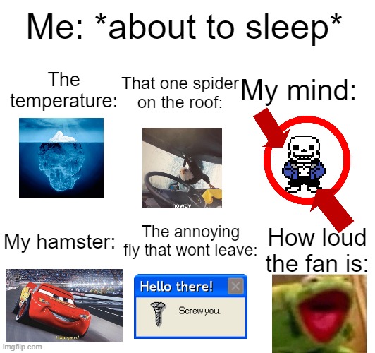 I think we can all relate | Me: *about to sleep*; My mind:; The temperature:; That one spider on the roof:; The annoying fly that wont leave:; My hamster:; How loud the fan is: | image tagged in relatable,funny,memes | made w/ Imgflip meme maker