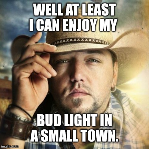 I'll have another beer. | WELL AT LEAST I CAN ENJOY MY; BUD LIGHT IN A SMALL TOWN. | image tagged in jason aldean | made w/ Imgflip meme maker