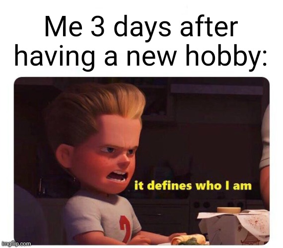 Meme #2,850 | Me 3 days after having a new hobby: | image tagged in it defines who i am,memes,repost,hobbies,relatable,definition | made w/ Imgflip meme maker