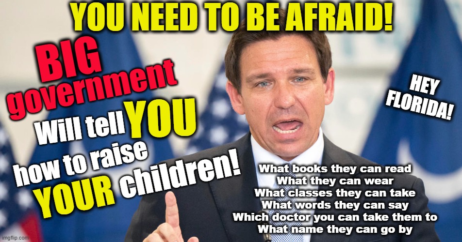 BIG Government - Hey Florida | YOU NEED TO BE AFRAID! BIG; government; HEY
FLORIDA! YOU; Will tell; how to raise; children! What books they can read
What they can wear
What classes they can take
What words they can say
Which doctor you can take them to
What name they can go by; YOUR | made w/ Imgflip meme maker