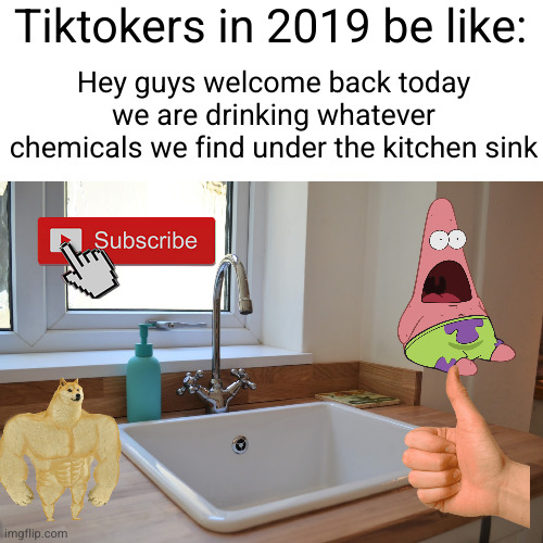 / DEATH CHALLENGE can we get a thousand likes? if we do ILL KILL MY COUSIN | Tiktokers in 2019 be like:; Hey guys welcome back today we are drinking whatever chemicals we find under the kitchen sink | image tagged in kitchen sink,tiktok,challenge,chemicals,so true,funny | made w/ Imgflip meme maker