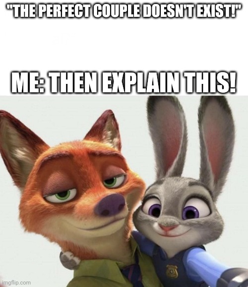Wildehopps - The Perfect Couple | "THE PERFECT COUPLE DOESN'T EXIST!"; ME: THEN EXPLAIN THIS! | image tagged in nick wilde and judy hopps selfie,zootopia,nick wilde,judy hopps,couple,funny | made w/ Imgflip meme maker