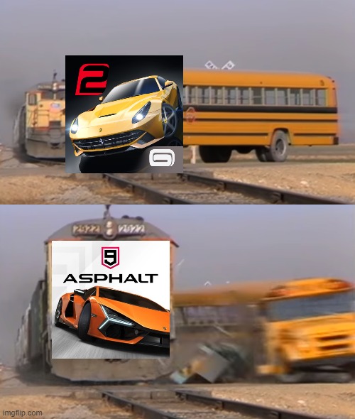 Gt Racing 2 vs Asphalt 9 | image tagged in a train hitting a school bus | made w/ Imgflip meme maker