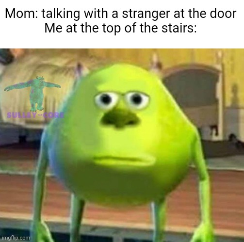Meme #2,858 | Mom: talking with a stranger at the door
Me at the top of the stairs: | image tagged in monsters inc,memes,relatable,stranger,moms,talking | made w/ Imgflip meme maker