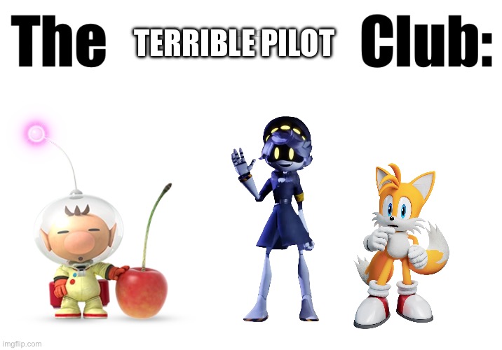 Fictional character club | TERRIBLE PILOT | image tagged in fictional character club,pikmin,murder drones,sonic the hedgehog,memes | made w/ Imgflip meme maker