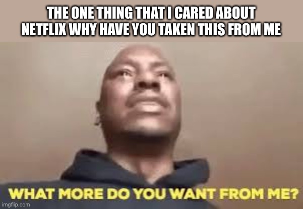 https://m.youtube.com/watch?v=Ades3pQbeh8 | THE ONE THING THAT I CARED ABOUT NETFLIX WHY HAVE YOU TAKEN THIS FROM ME | image tagged in why,netflix,nwo,rd | made w/ Imgflip meme maker