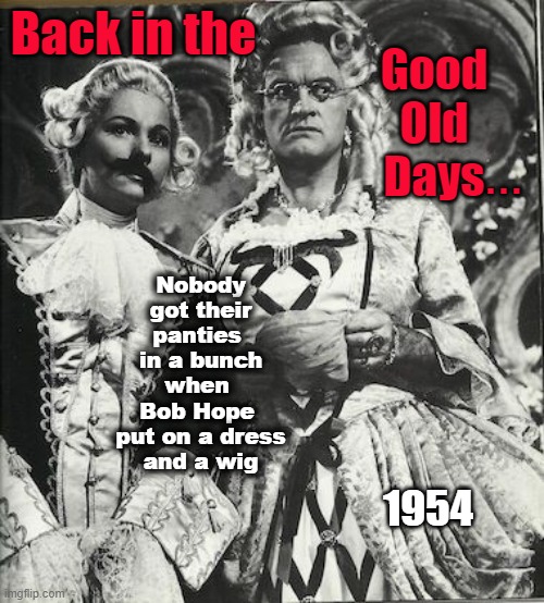 Would you ban Bob Hope??? | Back in the; Good
Old
Days; . . . Nobody
got their
panties 
in a bunch
when 
Bob Hope 
put on a dress
and a wig; 1954 | made w/ Imgflip meme maker