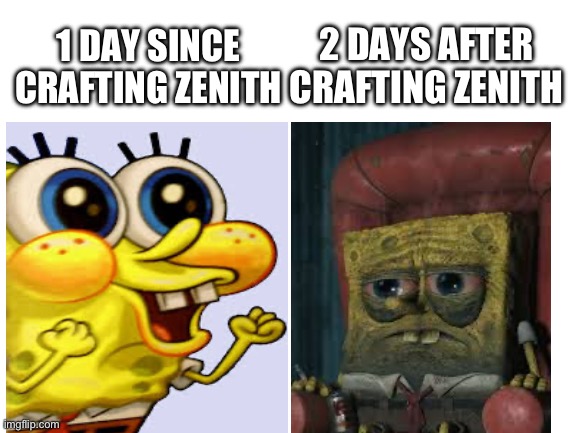 I reached full boredom in like 5 minites | 2 DAYS AFTER CRAFTING ZENITH; 1 DAY SINCE CRAFTING ZENITH | image tagged in terraria | made w/ Imgflip meme maker