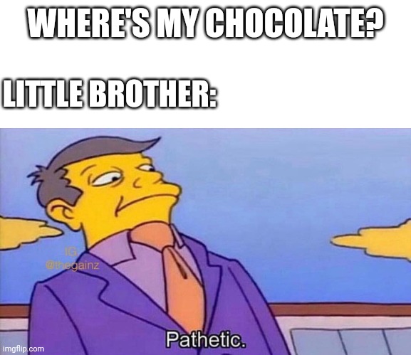 pathetic enough.. | WHERE'S MY CHOCOLATE? LITTLE BROTHER: | image tagged in pathetic | made w/ Imgflip meme maker