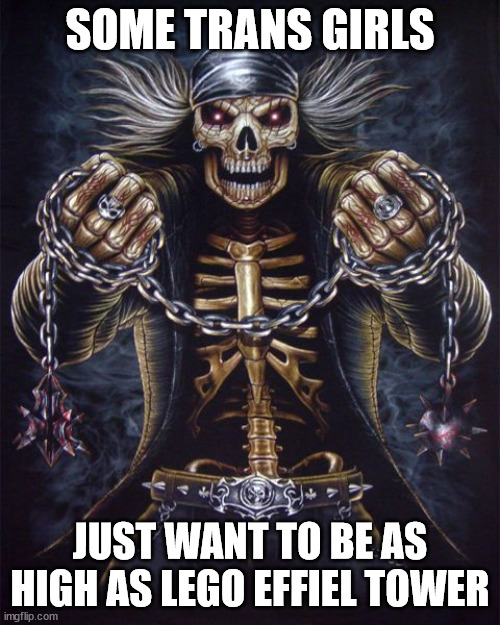 Badass Skeleton | SOME TRANS GIRLS; JUST WANT TO BE AS HIGH AS LEGO EFFIEL TOWER | image tagged in badass skeleton | made w/ Imgflip meme maker