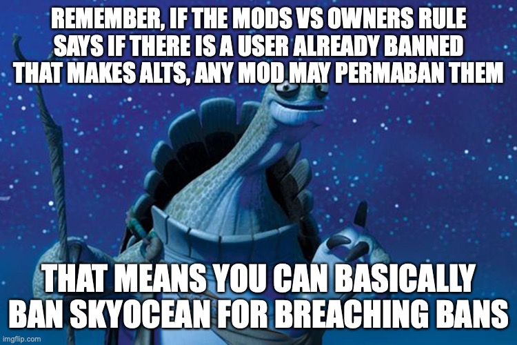 Master Oogway | REMEMBER, IF THE MODS VS OWNERS RULE SAYS IF THERE IS A USER ALREADY BANNED THAT MAKES ALTS, ANY MOD MAY PERMABAN THEM; THAT MEANS YOU CAN BASICALLY BAN SKYOCEAN FOR BREACHING BANS | image tagged in master oogway | made w/ Imgflip meme maker