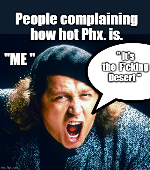 EVERYTHING THE GOV. tells you is a lie | People complaining how hot Phx. is. "ME "; " It's the  F*cking Desert " | image tagged in climate | made w/ Imgflip meme maker