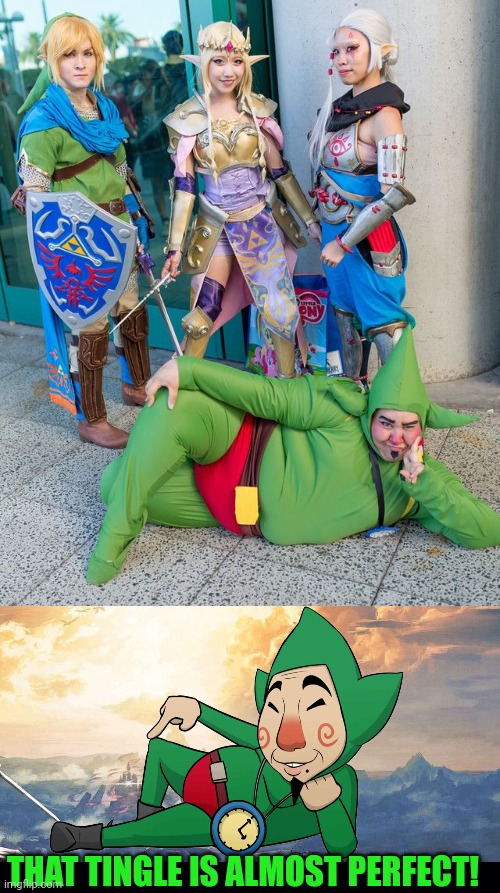 OH YEAH ZELDA IS THERE TOO | THAT TINGLE IS ALMOST PERFECT! | image tagged in black background,the legend of zelda,link,legend of zelda,cosplay | made w/ Imgflip meme maker