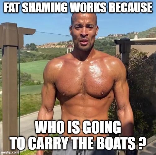 Shame works | FAT SHAMING WORKS BECAUSE; WHO IS GOING TO CARRY THE BOATS ? | image tagged in the boats logs,navy seals,weight loss,weight lifting,shame,fat people | made w/ Imgflip meme maker