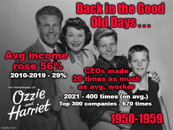 Leave it to Beaver | Back in the Good
Old Days . . . Avg income 
rose 56%; CEOs made
20 times as much
as avg. worker; 2010-2019 - 29%; 2021 - 400 times (on avg.); Top 300 companies - 670 times; 1950-1959 | made w/ Imgflip meme maker