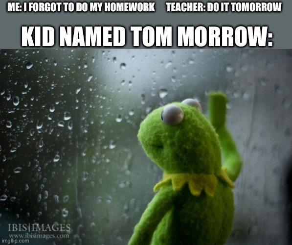 kermit window | KID NAMED TOM MORROW:; ME: I FORGOT TO DO MY HOMEWORK      TEACHER: DO IT TOMORROW | image tagged in kermit window | made w/ Imgflip meme maker